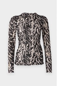 Long-sleeve top with a black and cream abstract pattern, featuring a textured fabric, round neckline, and a curved hem.