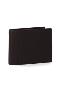 Bruine leren portemonnee met een minimalistisch ontwerp, gekenmerkt door een gladde textuur en subtiele stiksels. Slanke, bi-fold vorm zonder zichtbare hardware.