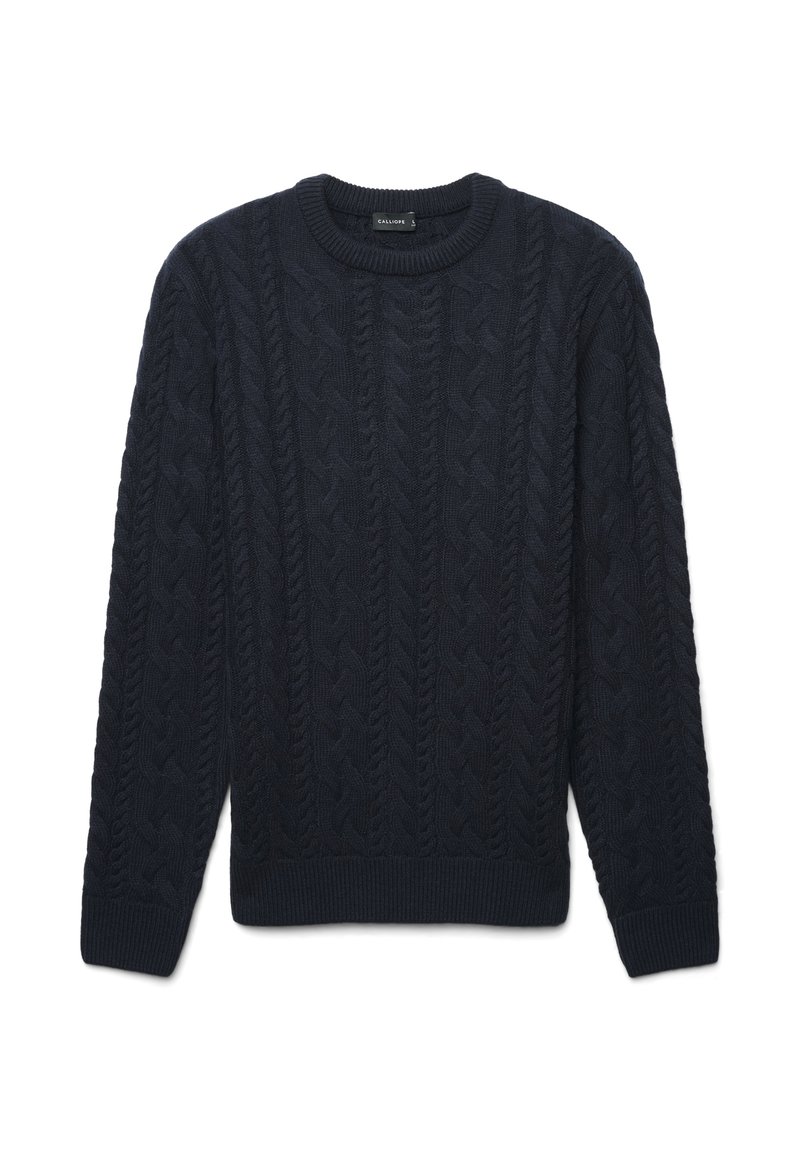 Maglione navy a treccia con scollatura rotonda, polsini e orlo a coste, caratterizzato da un motivo testurizzato su tutta la superficie. Taglio classico, tessuto morbido.