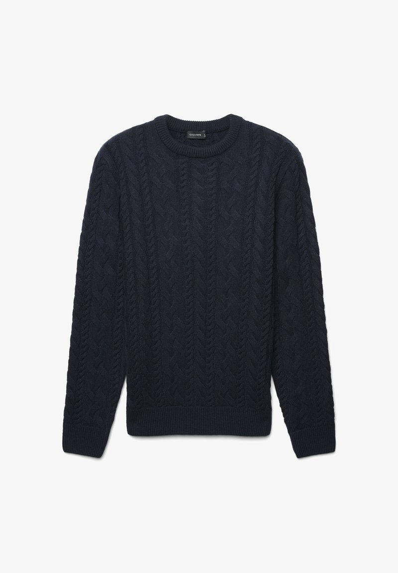 Maglione navy a treccia con scollatura rotonda, polsini e orlo a coste, caratterizzato da un motivo testurizzato su tutta la superficie. Taglio classico, tessuto morbido.