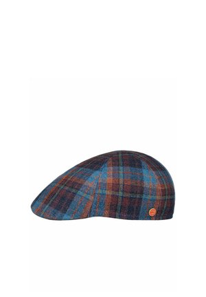 Flat cap with blue, brown, and dark green plaid pattern and small round orange brand tag on side.