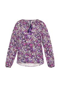 Blumenbluse in Lila, Pink und Weiß mit langen Ärmeln, gerafftem Ausschnitt und dekorativen Quasten an der Vorderseite. Leichtes Material.