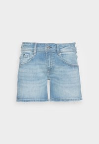 Light blue denim shorts with five pockets, button closure, and frayed hem. The material appears soft with a faded wash effect.