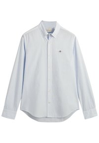 Camisa de botones a rayas azul claro, hecha de algodón, con cuello puntiagudo, mangas largas y dobladillo redondeado, con un pequeño logo en el pecho.