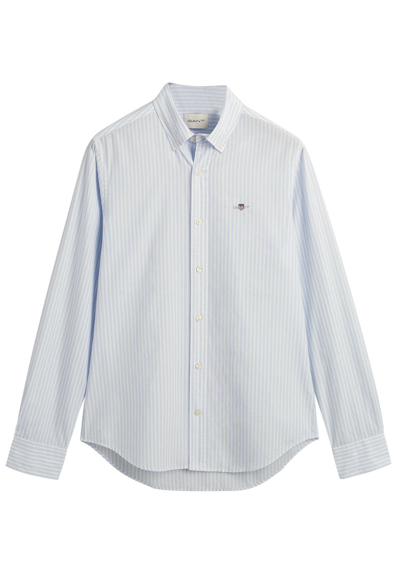 Camisa de botones a rayas azul claro, hecha de algodón, con cuello puntiagudo, mangas largas y dobladillo redondeado, con un pequeño logo en el pecho.