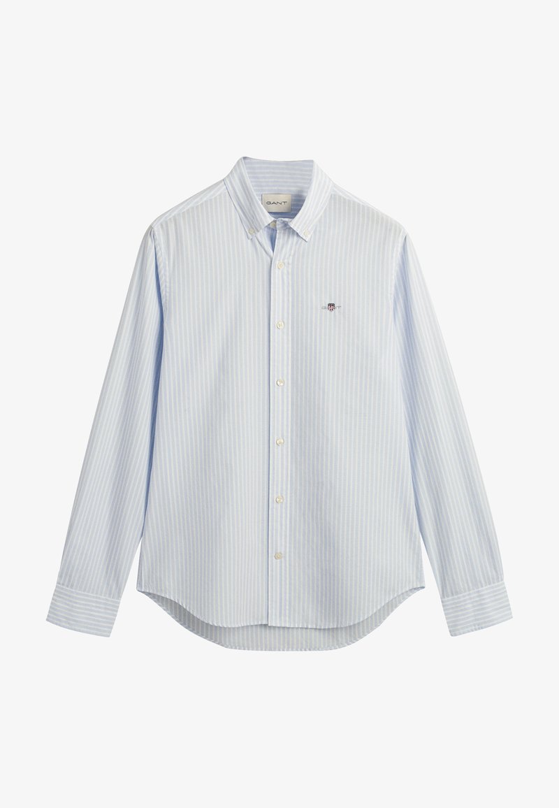 Camisa de botones a rayas azul claro, hecha de algodón, con cuello puntiagudo, mangas largas y dobladillo redondeado, con un pequeño logo en el pecho.