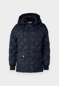 Marineblå quiltet jakke med hætte, lynlås foran, to lynlåslommer og ribbestrikkede ærmeender. Glat tekstur og polstret design for varme.