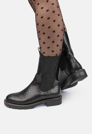 Black ankle boots with a textured snake-skin finish, elastic side panels, and a rubber sole featuring a contrasting stitched accent.
