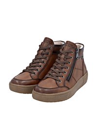Bottines hautes en cuir marron avec une surface texturée, à lacets à l'avant, fermeture éclair sur le côté et semelle en caoutchouc contrastante. Comprend un col rembourré.