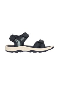 Marinblå sandal med justerbara remmar, texturerad ovandel och ljusgrå accenter. Tjock vit gummisula med greppmönster för bra fäste.