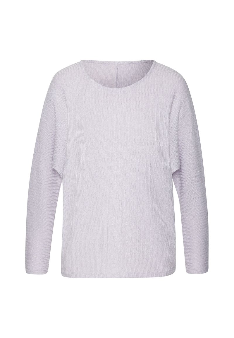 Helllila langärmliger Rippenstrickpullover mit rundem Ausschnitt und lockerer Passform.