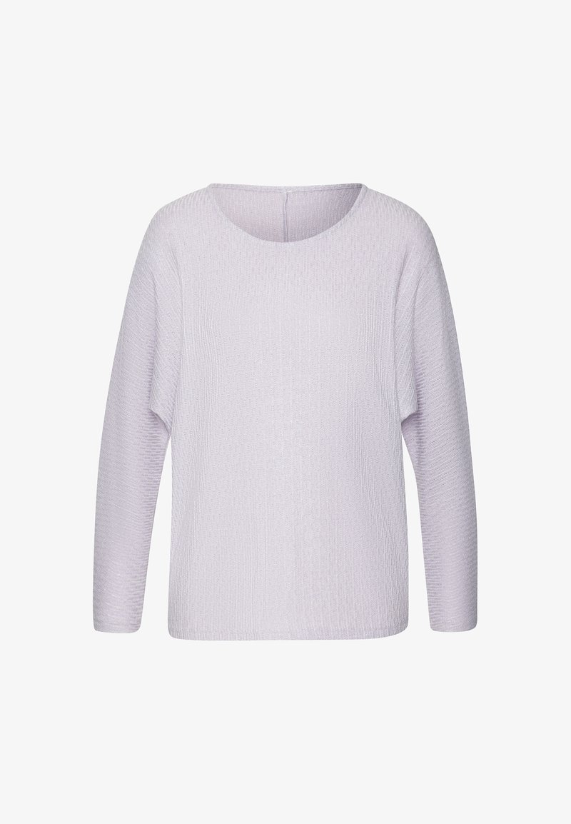 Light purple long-sleeve ribbed knit sweater with a round neckline and relaxed fit.