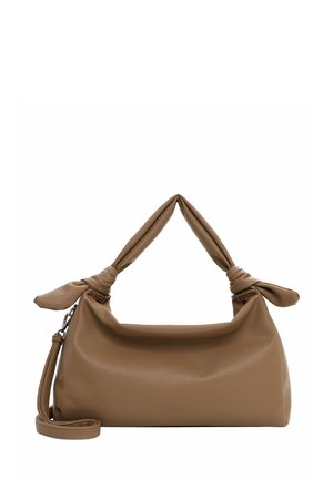 Borsa a mano in pelle marrone con manici annodati. Materiale morbido e strutturato. Include una tracolla rimovibile. Design minimalista.
