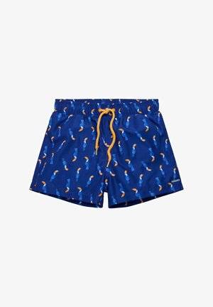 Bañador azul con un patrón de pequeños peces en azul y naranja, con cintura elástica y cordón ajustable amarillo.