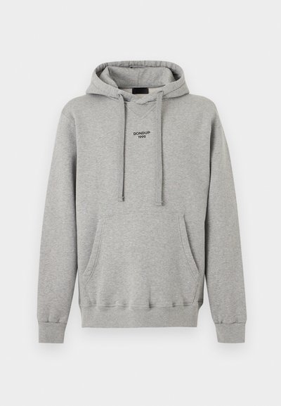 Sweat à capuche en coton gris clair avec poche kangourou devant, capuche réglable par cordon, poignets côtelés et texte "DONDUP 1999" sur la poitrine.