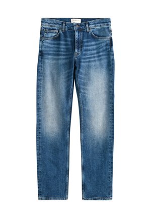 Mitteldunkelblaue Jeans mit geradem Bein. Hergestellt aus Denim-Stoff, mit ausgewaschenen Bereichen und klassischem Fünf-Taschen-Design.