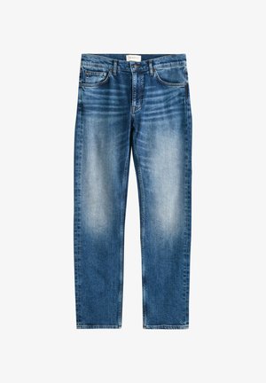 Mitteldunkelblaue Jeans mit geradem Bein. Hergestellt aus Denim-Stoff, mit ausgewaschenen Bereichen und klassischem Fünf-Taschen-Design.