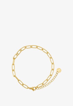 Auksinė grandinėlė apyrankė su ovaliomis jungtimis, krabų užsegimu ir reguliuojamu grandinėlės segmentu su maža apvalia pakabuku.