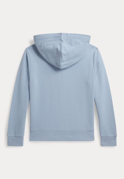 Lichtblauwe hoodie met lange mouwen en geribbelde boorden, gezien vanaf de achterkant tegen een witte achtergrond.