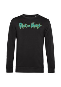 Sudadera negra de manga larga con texto verde que dice "Rick and Morty" en una fuente estilizada en el pecho, hecha de material de algodón suave.