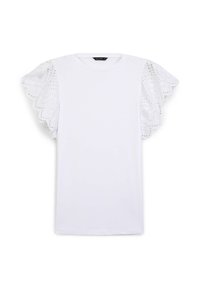 T-shirt bianco con maniche a ruffle in pizzo ricamato. Design semplice, colletto rotondo e orlo dritto. Nessun motivo o grafica presente.