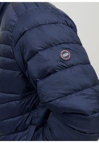 Marineblauer Steppjacke mit gestepptem Design, glatter Textur und rundem Logo am Ärmel.