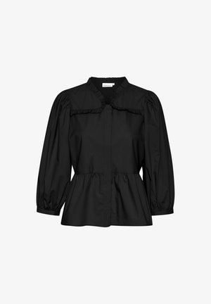 Schwarzes Peplum-Top mit langen Puffärmeln, runden Kragen mit Rüschendetail und vorderer Knopfleiste. Glatte Textur und strukturiertes Design.