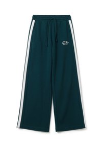 Pantalones de chándal color aqua con rayas blancas a los lados, cinturilla elástica y cordón. Presenta "París 1996" y "Sport Club" bordados en el frente.