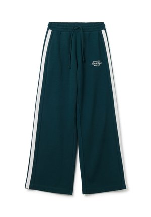 Pantaloni felpati teal con strisce laterali bianche, vita elasticizzata e cordino. Presenta "Paris 1996" e "Sport Club" ricamati sul davanti.