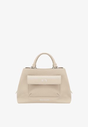 Borsa a mano in pelle beige con manici superiori, tasca frontale con patta in rilievo con "A|X" e logo "Armani Exchange" al centro in basso.