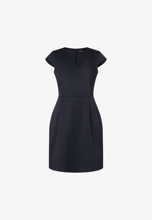 Robe navy avec des manches courtes en forme de cap, en tissu texturé, un décolleté en V et une taille cintrée. Longueur mi-cuisse avec une légère évasement à l'ourlet.
