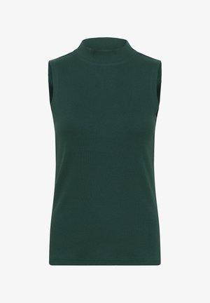 Mouwloze coltrui van ribstof in donkergroen. Beschikt over een hoge kraag, een zachte textuur en een aangesloten ontwerp.