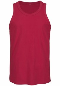 Raudonas medvilninis maikutė be rankovių su apvaliu iškirpimu, lygia tekstūra. Nėra matomų raštų ar spaudinių. Pagrindinė forma ir fasonas.