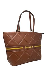 Borsa a tracolla in pelle marrone trapuntata con borchie dorate e una striscia gialla. Presenta doppi manici e un logo "Pollini" in evidenza.
