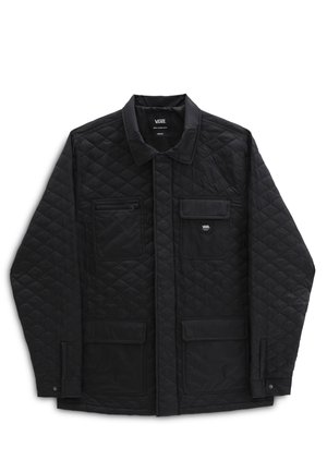 Zwarte doorgestikte Vans jas met vier voorzakken, drukknoopmanchetten en een kraag, gemarkeerd met maat medium.