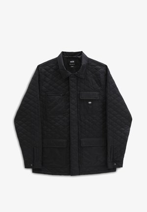 Schwarze gesteppte Vans-Jacke mit vier Fronttaschen, Druckknopfmanschetten und Kragen, in Größe Medium gekennzeichnet.