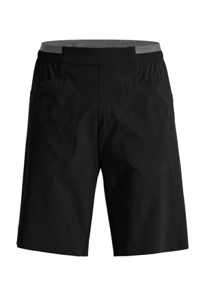 Schwarze knieumspielende Shorts mit elastischem Bund und seitlichen Taschen, entworfen für Freizeit- oder sportliche Aktivitäten.