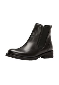 Bottine en cuir noir avec des panneaux latéraux élastiques, bout rond et semelle en caoutchouc texturé. Elle a un léger talon pour plus de hauteur.