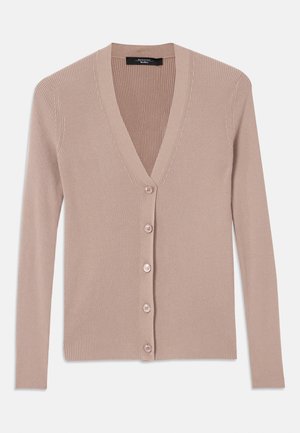 Beige ribbed cardigan with long sleeves, deep V-neckline, and six button front closure. Smooth texture and slim fit design.