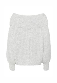 Pulover deschis gri, cu umerii descoperiți, model texturat, croială lejeră cu mâneci largi și mansete ribbate. Material moale, design casual.