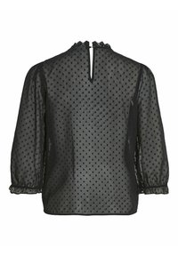 Sort gennemsigtig bluse med prikmønster, flæsekrave, knaplukning bagpå og puffede ærmer med smockede manchetter.