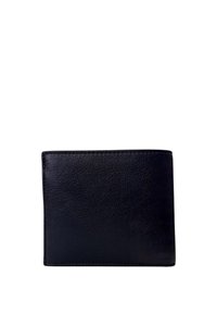 Portafoglio in pelle nera con una superficie liscia, forma rettangolare e bordi cuciti. Non presenta hardware o loghi visibili.