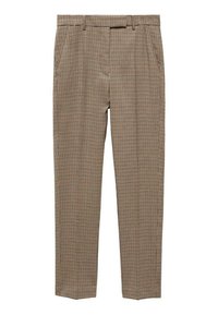 Pantalons à motif carreaux marron et crème, avec une taille plate, deux poches latérales et une coupe ajustée avec un design à jambes droites.