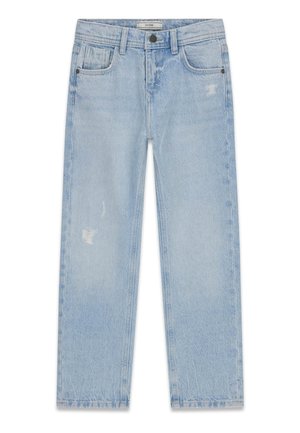 Hellblaue Jeans mit geradem Bein, leichter Used-Optik, Frontknopf, Gürtelschlaufen und Fünf-Taschen-Design.