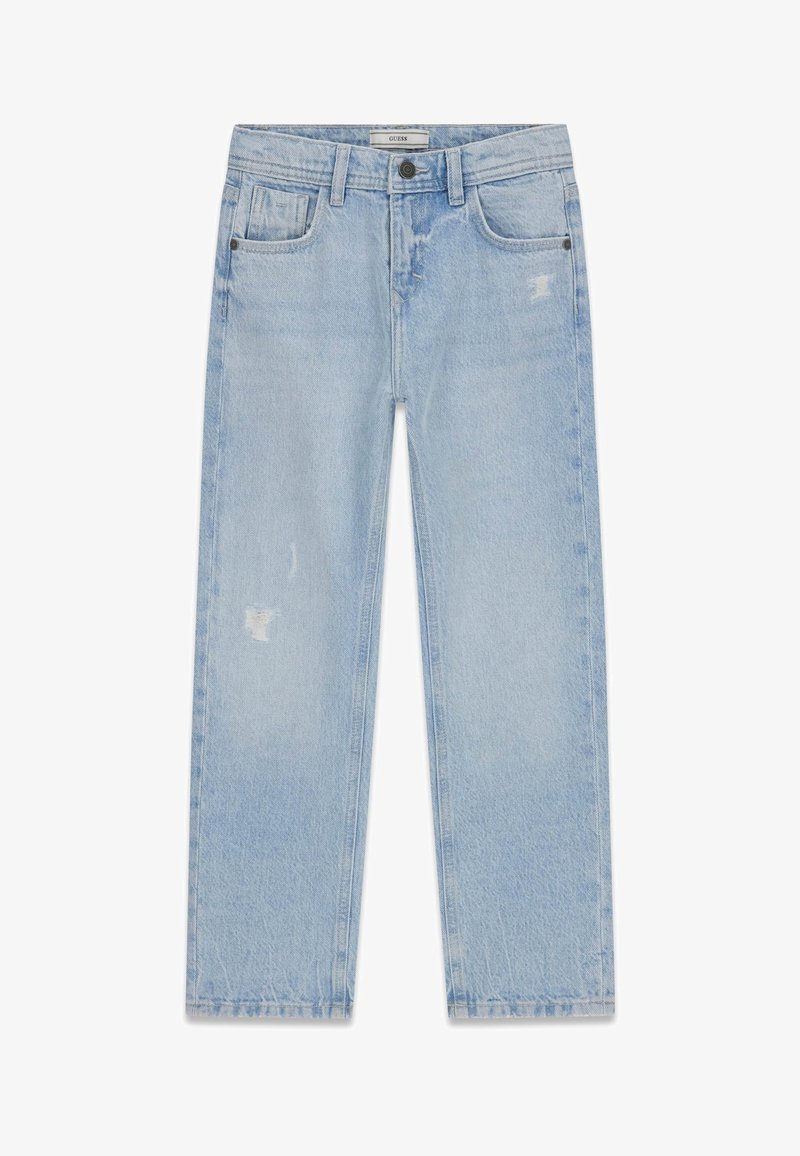Jeans bleu clair à jambes droites avec légère usure, bouton à l'avant, passants pour ceinture et design à cinq poches.