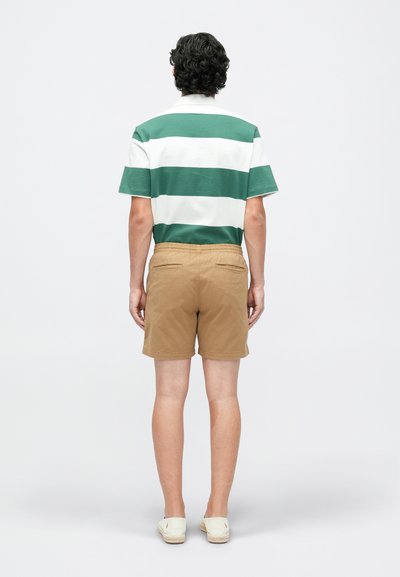 Cămașă polo cu mânecă scurtă, în dungi verzi și albe, cu guler, asortată cu pantaloni scurți bej deschis, având un brâu elastic și buzunare laterale.