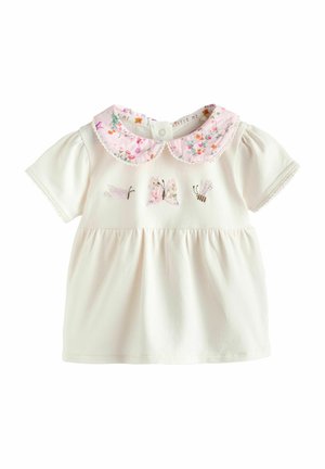White cotton t-shirt with short puff sleeves and a pink floral collared neckline. Features embroidered butterflies and a bee on the front.