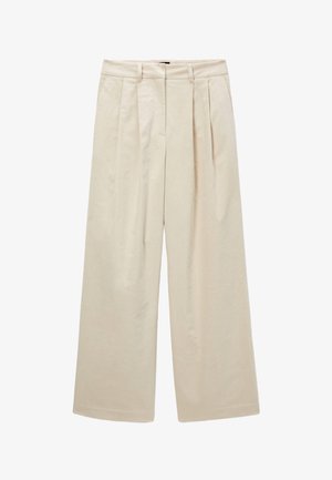 Pantalons larges beiges avec des plis, taille haute et texture en coton lisse. Présente un design minimaliste sans élément de quincaillerie visible.