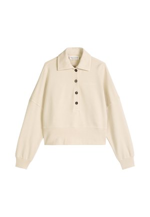 Pull beige à manches longues avec col, quatre boutons sur le devant, poignets côtelés, et coupe légèrement courte.