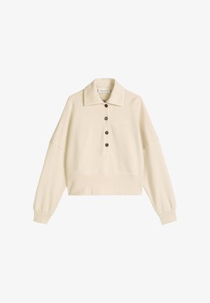 Pull beige à manches longues avec col, quatre boutons sur le devant, poignets côtelés, et coupe légèrement courte.
